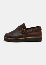 Load image into Gallery viewer, Yogi Corso Two Womens Ostrich Leather Buckle Monk Shoe on Eva - Dark Brown - Side
