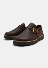 Load image into Gallery viewer, Yogi Corso Two Womens Ostrich Leather Buckle Monk Shoe on Eva - Dark Brown - Angle
