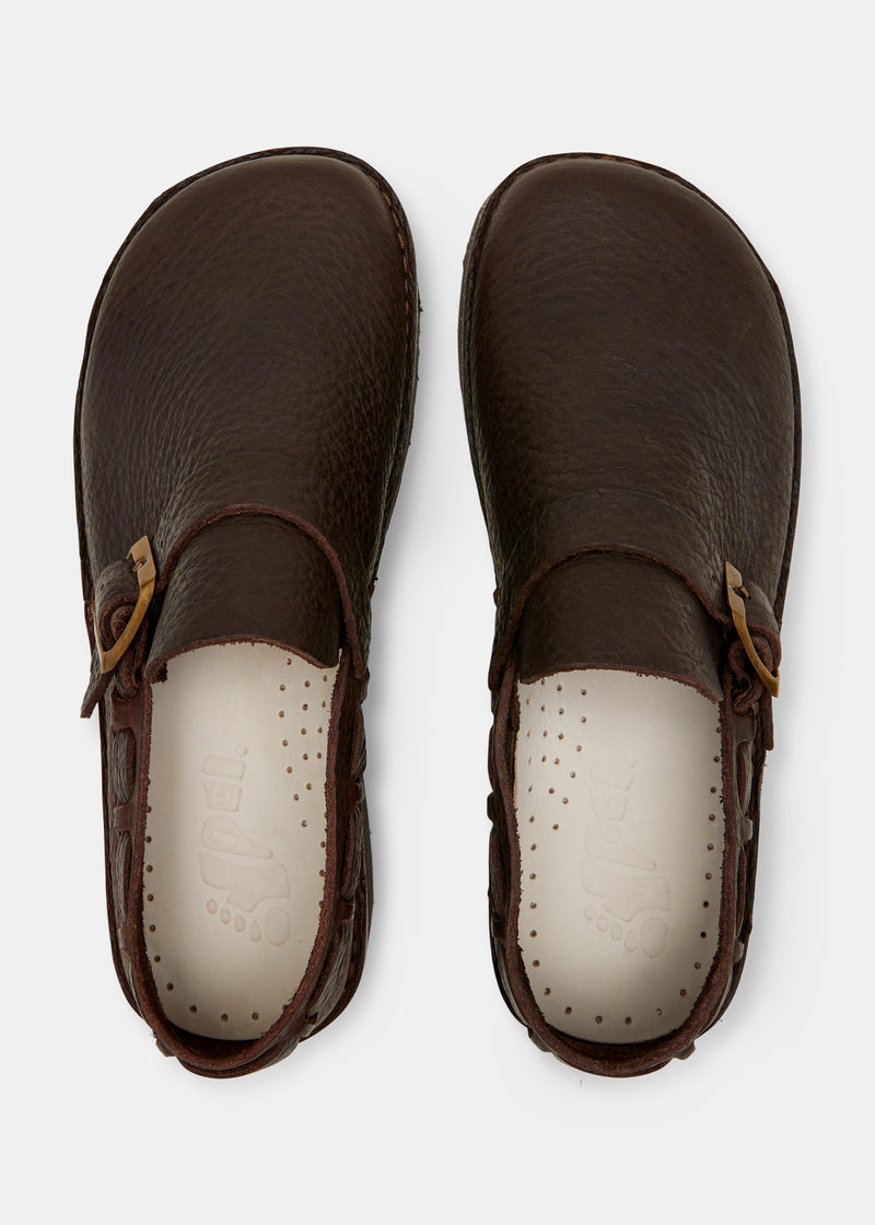 Load image into Gallery viewer, Yogi Corso Two Womens Ostrich Leather Buckle Monk Shoe on Eva - Dark Brown - Sole
